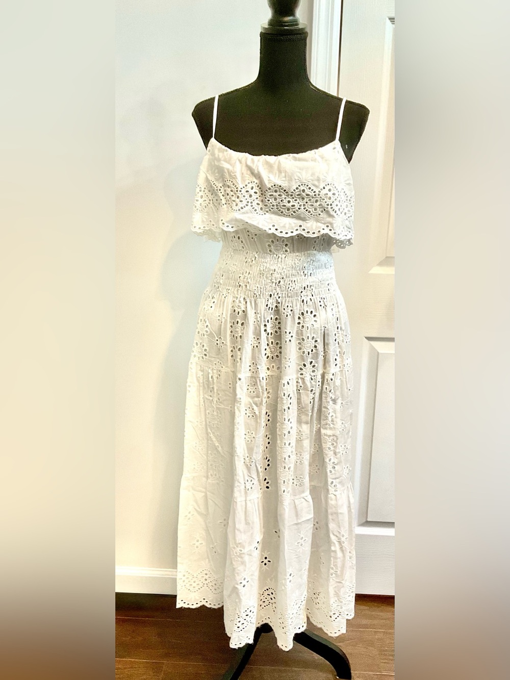 White Eyelet Maxi Dress with Smocked Waist